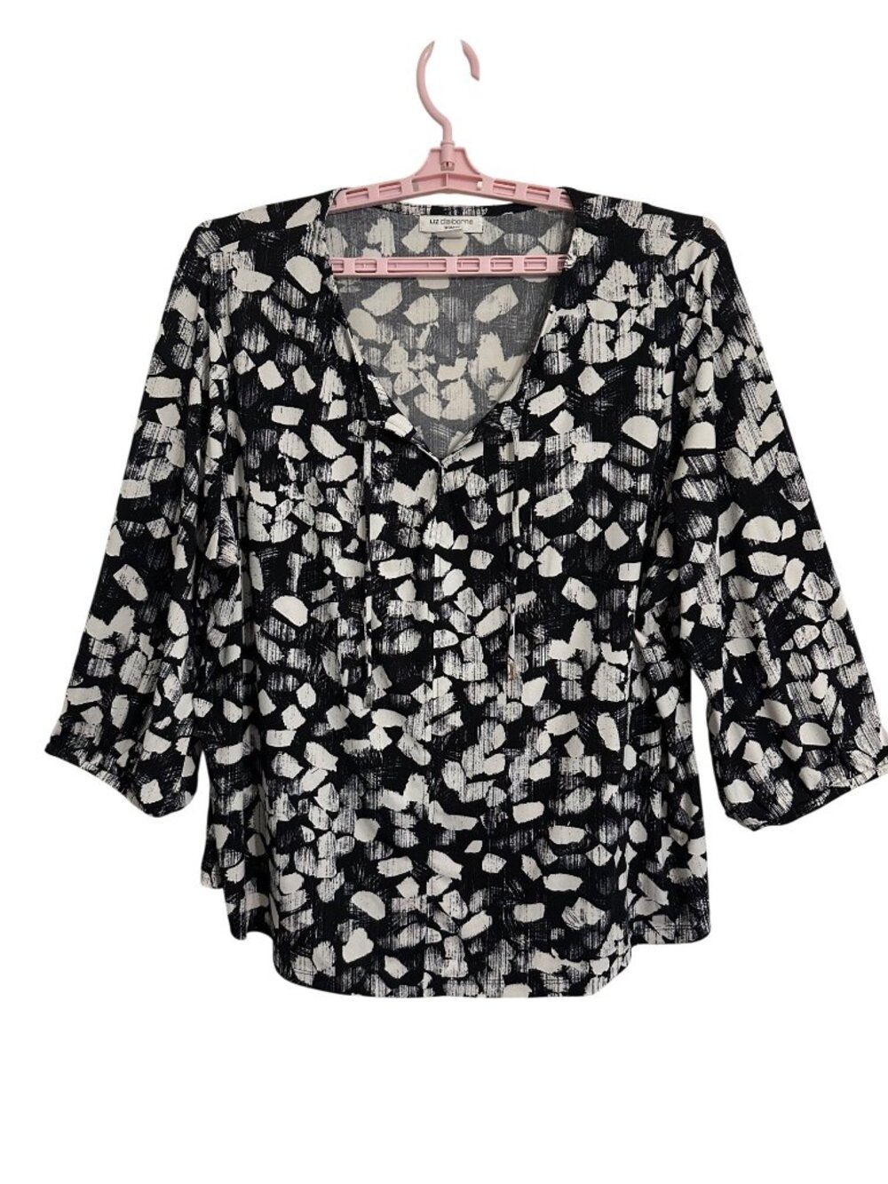 Liz Claiborne Black & White Abstract Print 3/4 Sleeve Womens Blouse 3X Office